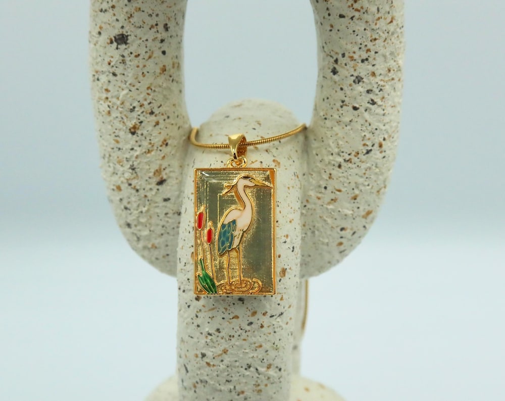 Gold Heron Pendant Necklace, Handcrafted Enamel Bird Jewelry